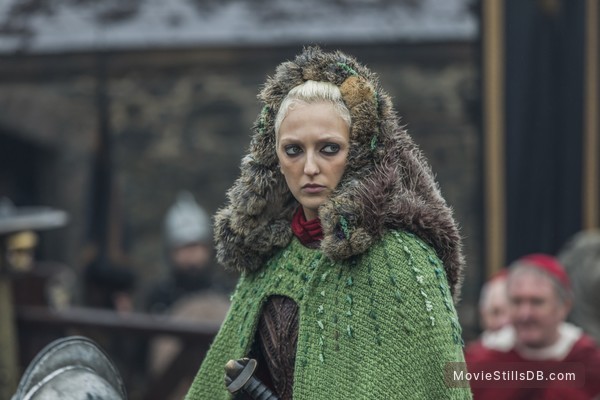 Georgia Hirst plays Torvi in 'Vikings' wearing elaborate green costume and head gear